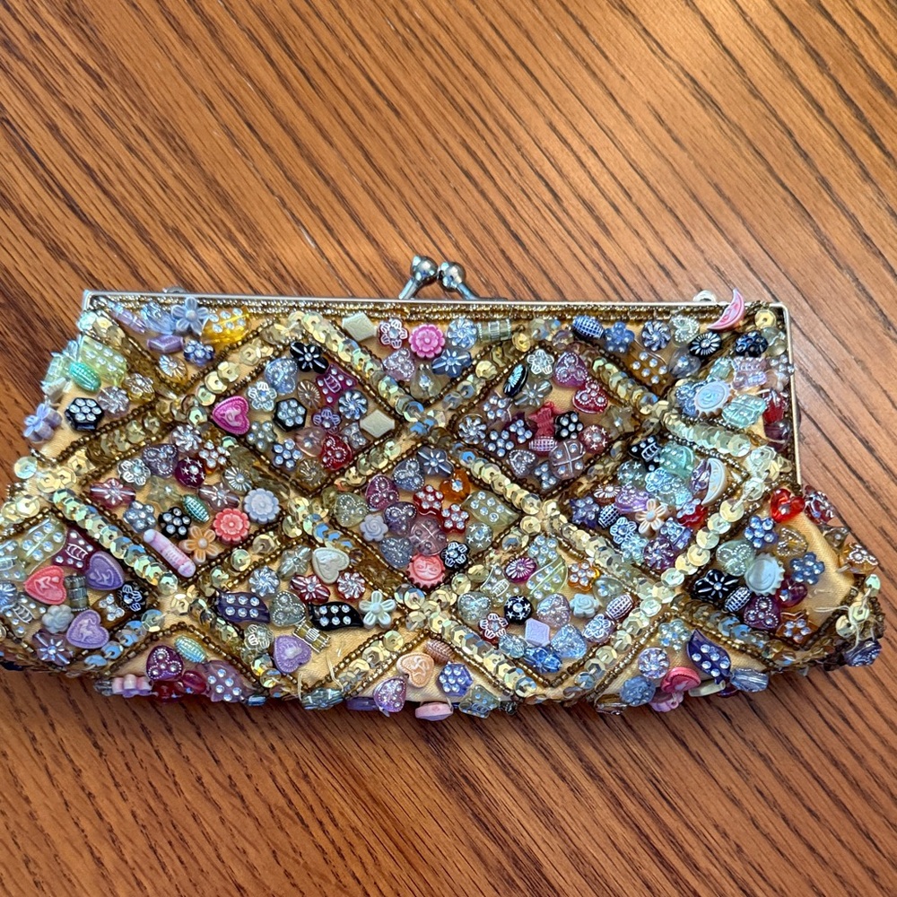 Beaded Multicolor Evening Clutch - Gold Frame
